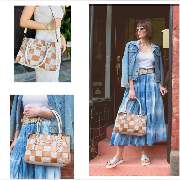 NWT Bed Stu Rockababy Patchwork Satchel Crossbody Bag Tan Nectar Lux MSRP $335 - Picture 11 of 11